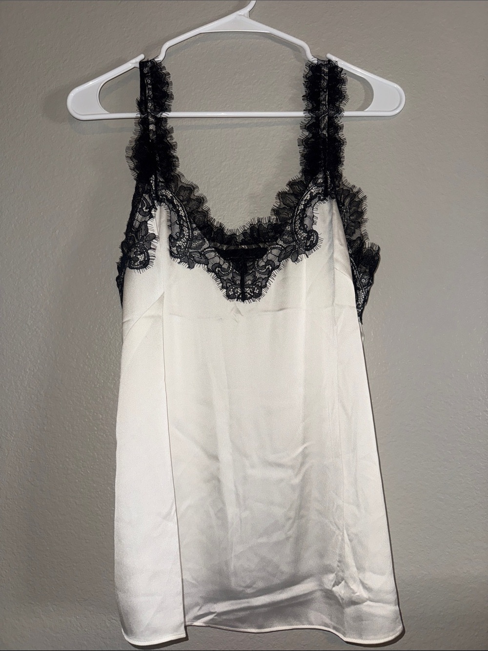 White House Black Market White Satin Chemise with Black Lace